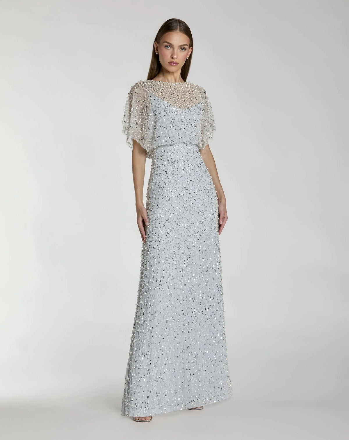 Mac Duggal Blue High Neck Short Sleeve Embellished Gown #14523 Powder Blue