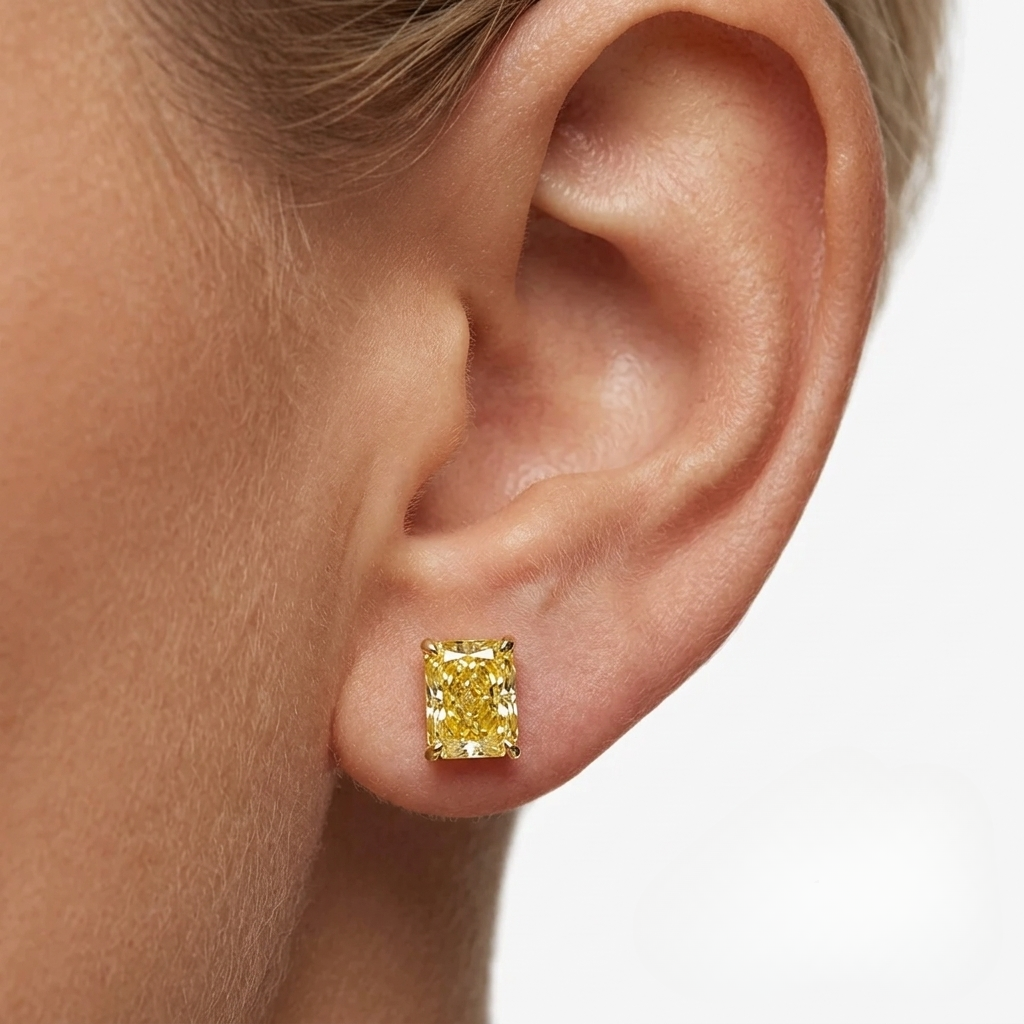 1 Carat, Radiant Cut, Fancy Yellow Studs, man made