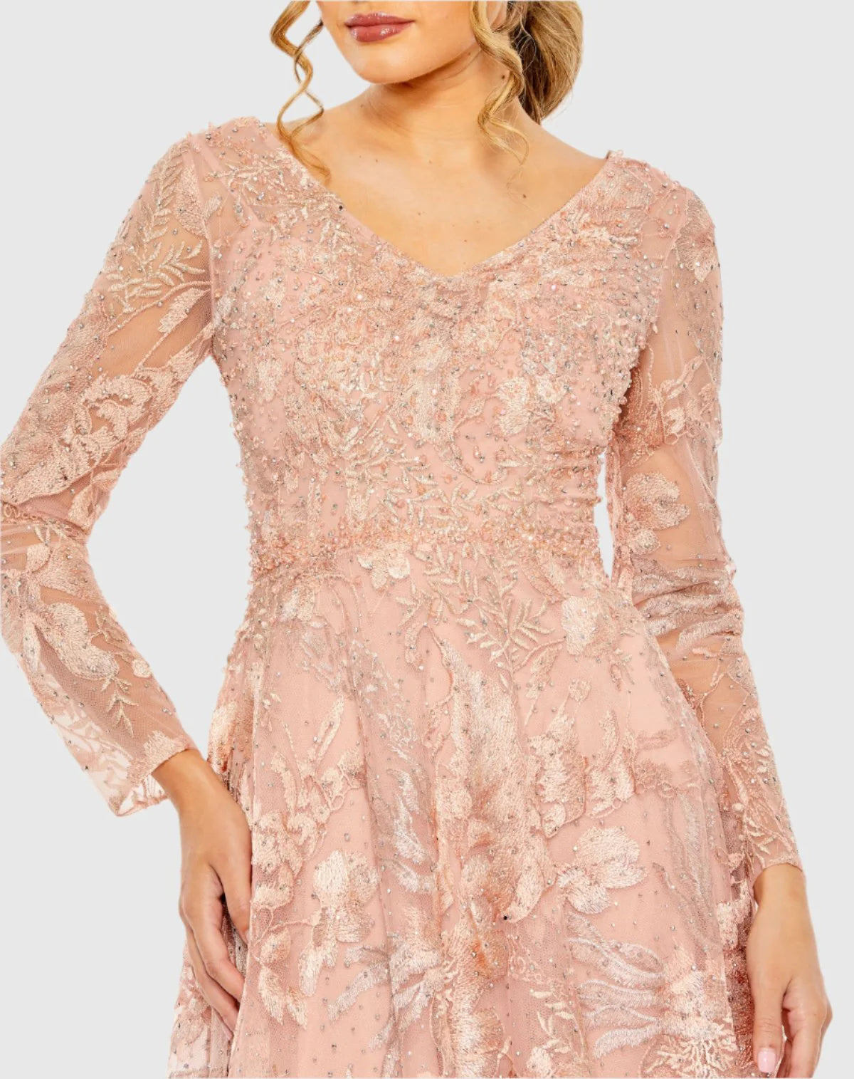 Long Sleeve Beaded Applique Gown - Dusty Rose