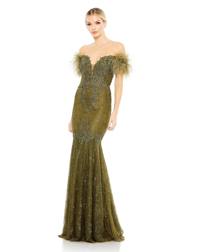 Mac Duggal Style #20246 Feather crystal embellished sleeveless gown - Green