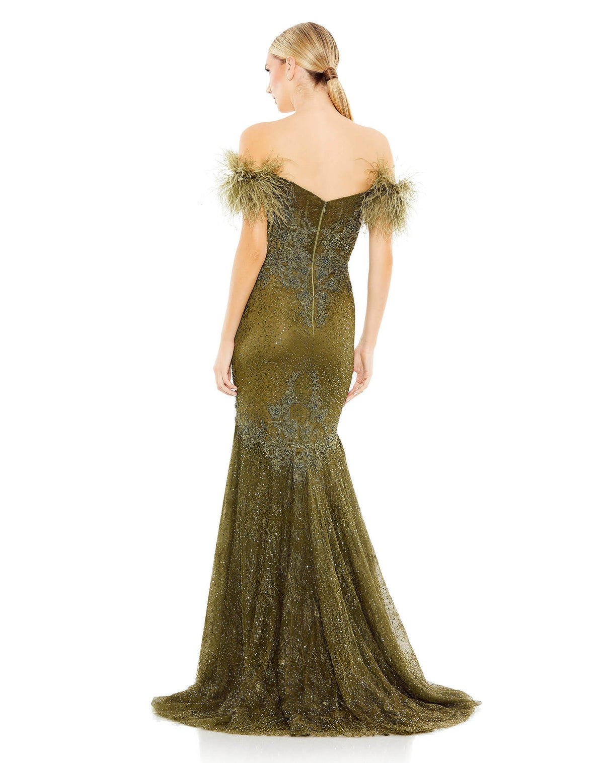 Mac Duggal Style #20246 Feather crystal embellished sleeveless gown - Green back view