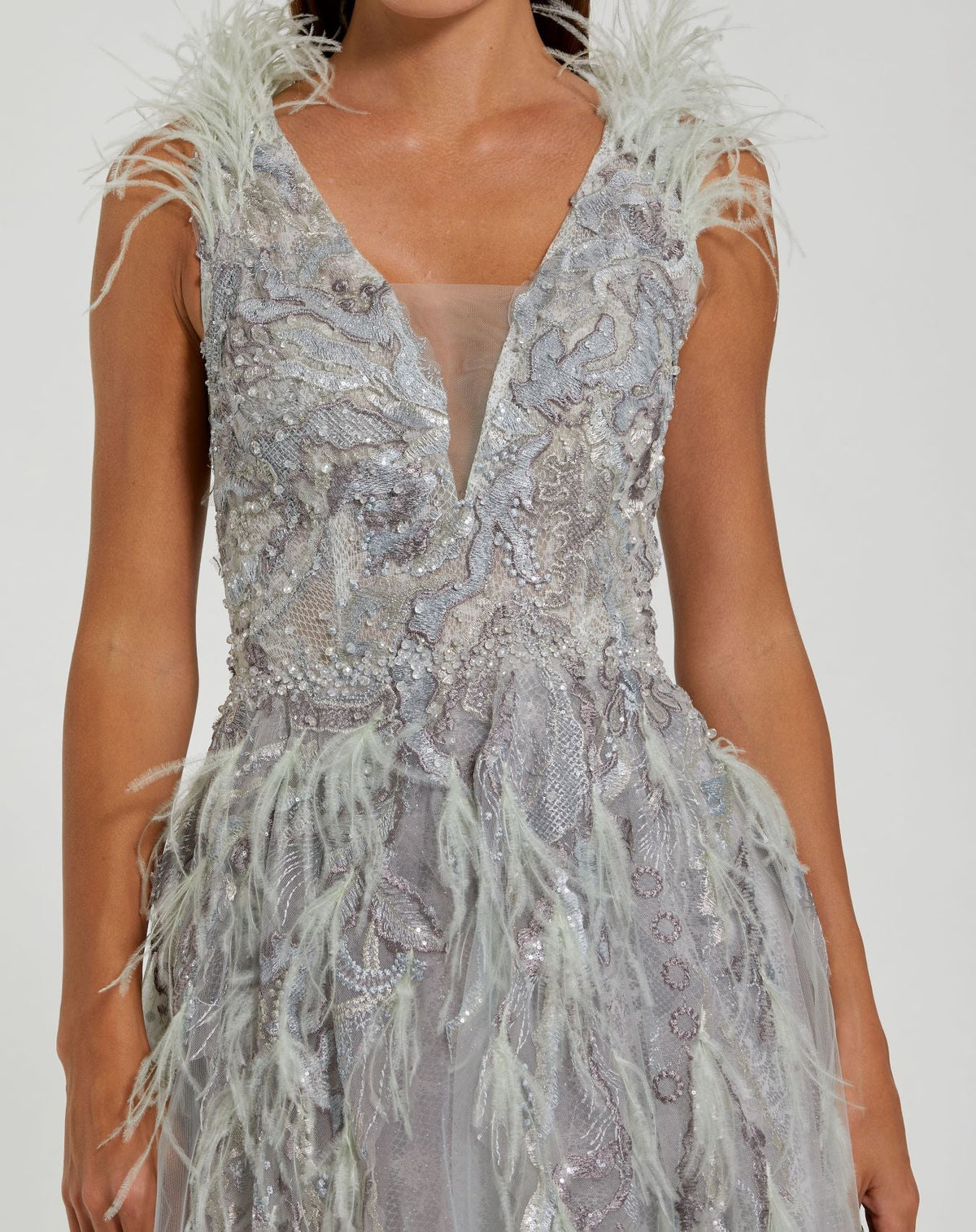 Embellished Feathered Sleeveless A Line Gown - Seamist