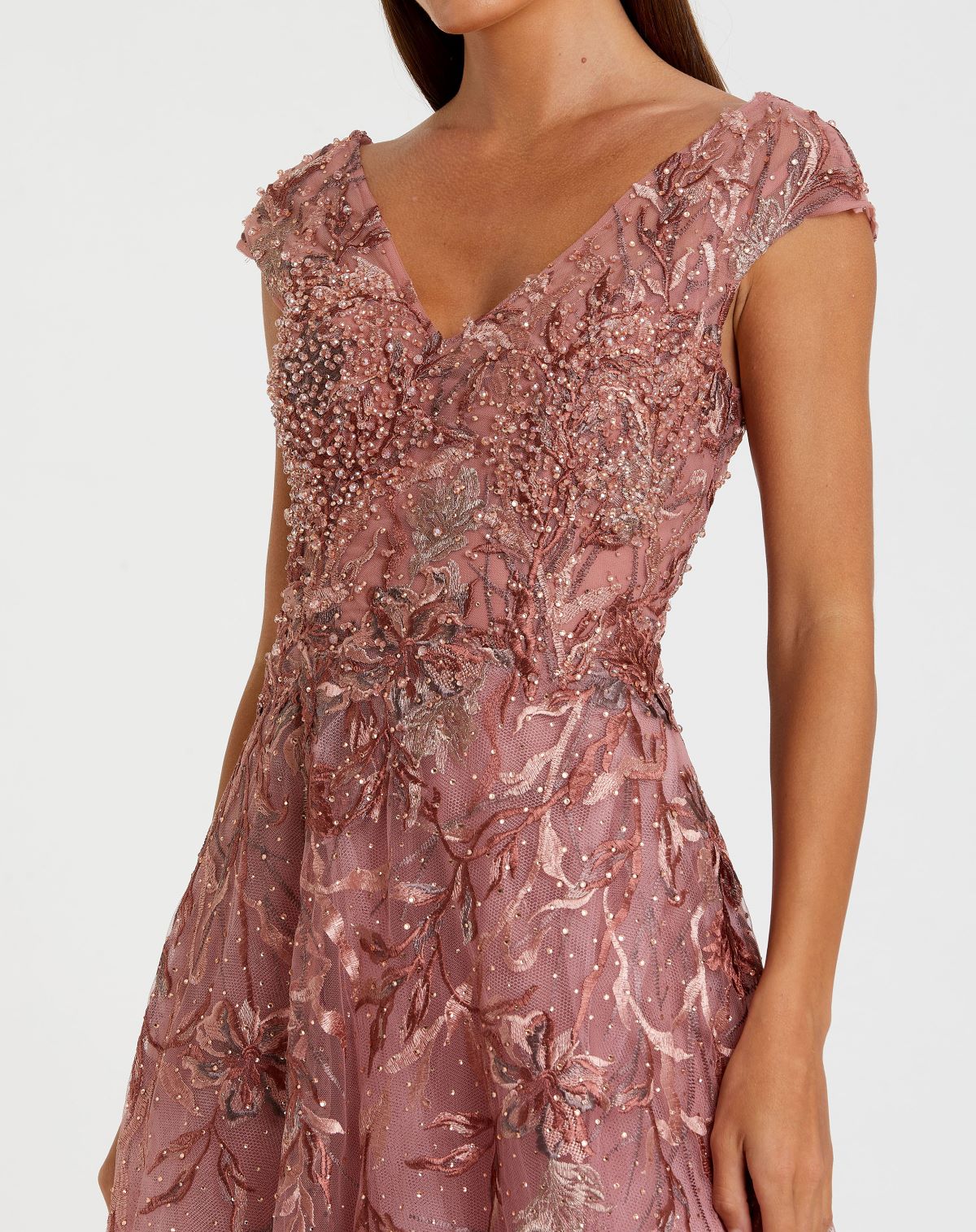 Pink Embroidered Illusion Cap Sleeve A Line Gown - Multi