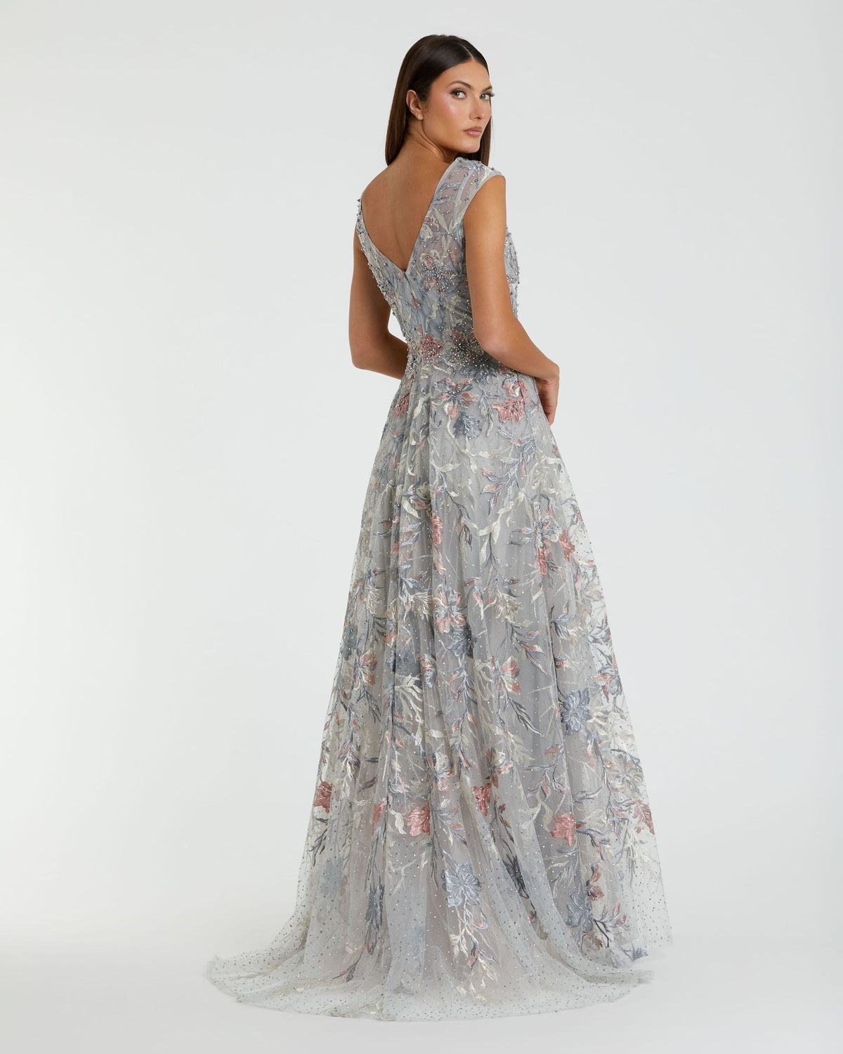 Pink Embroidered Illusion Cap Sleeve A Line Gown - Multi