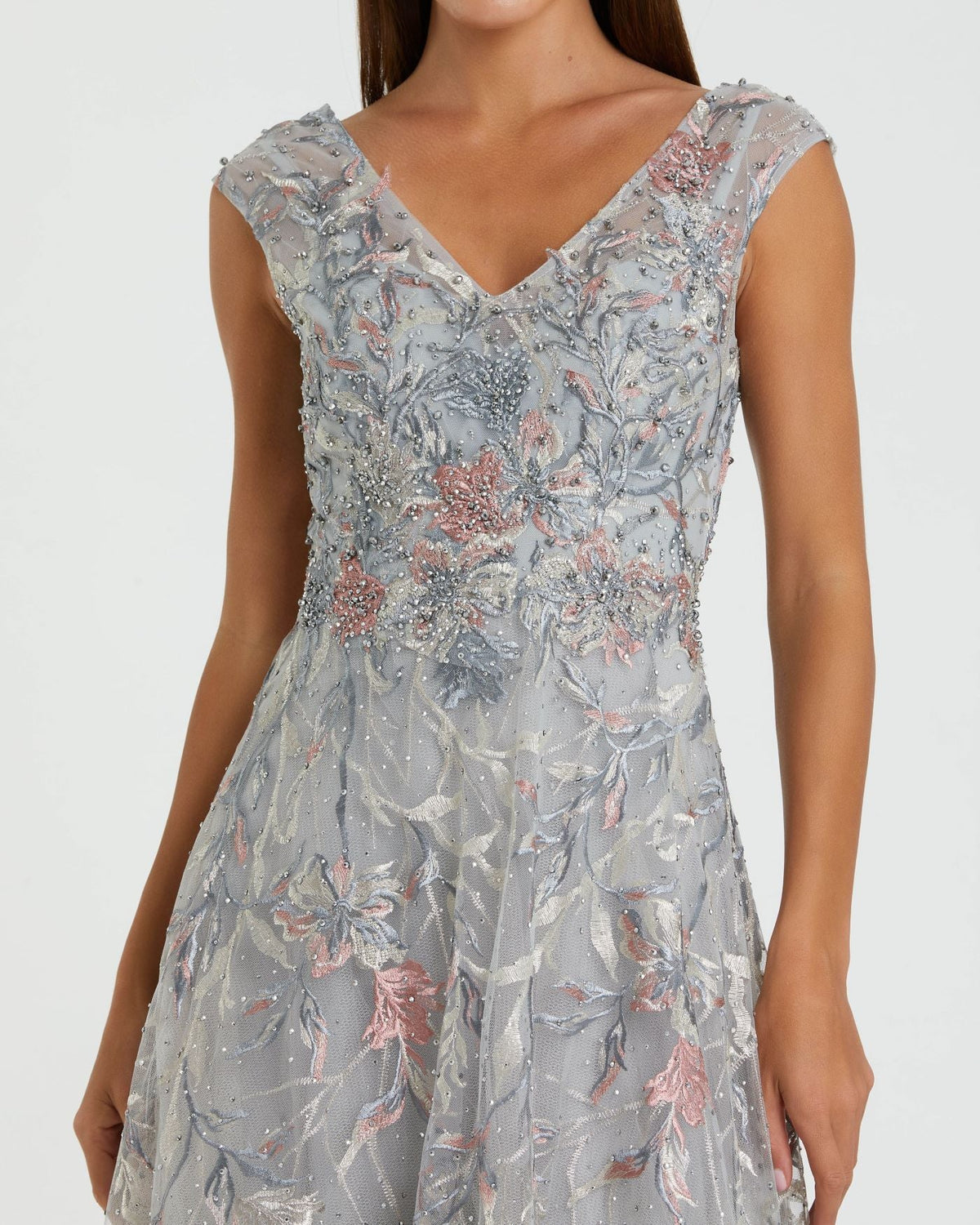 Pink Embroidered Illusion Cap Sleeve A Line Gown - Multi