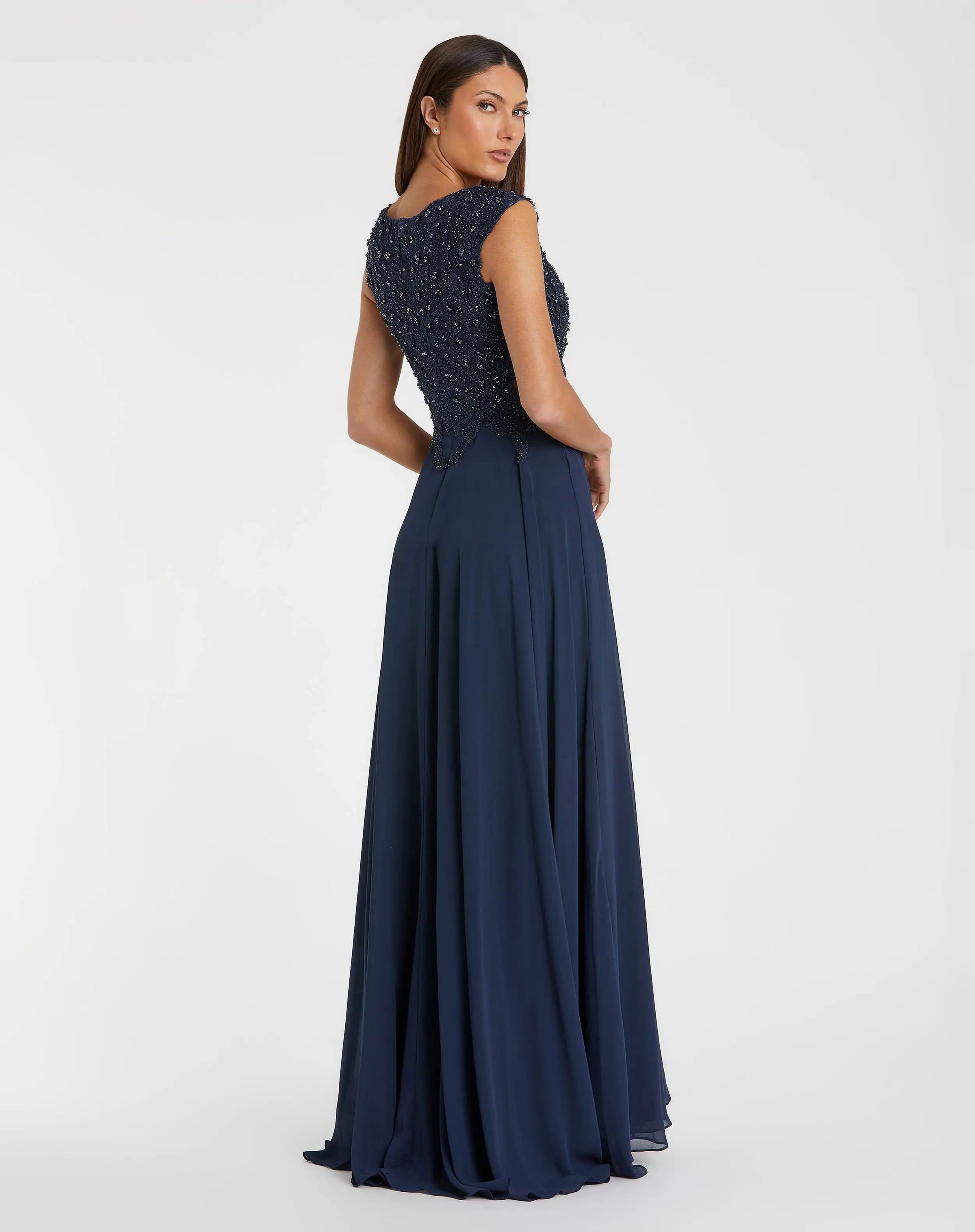 Navy Cap Sleeve Applique Bodice Flowy Gown - Back