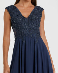 Navy Cap Sleeve Applique Bodice Flowy Gown - Close Up