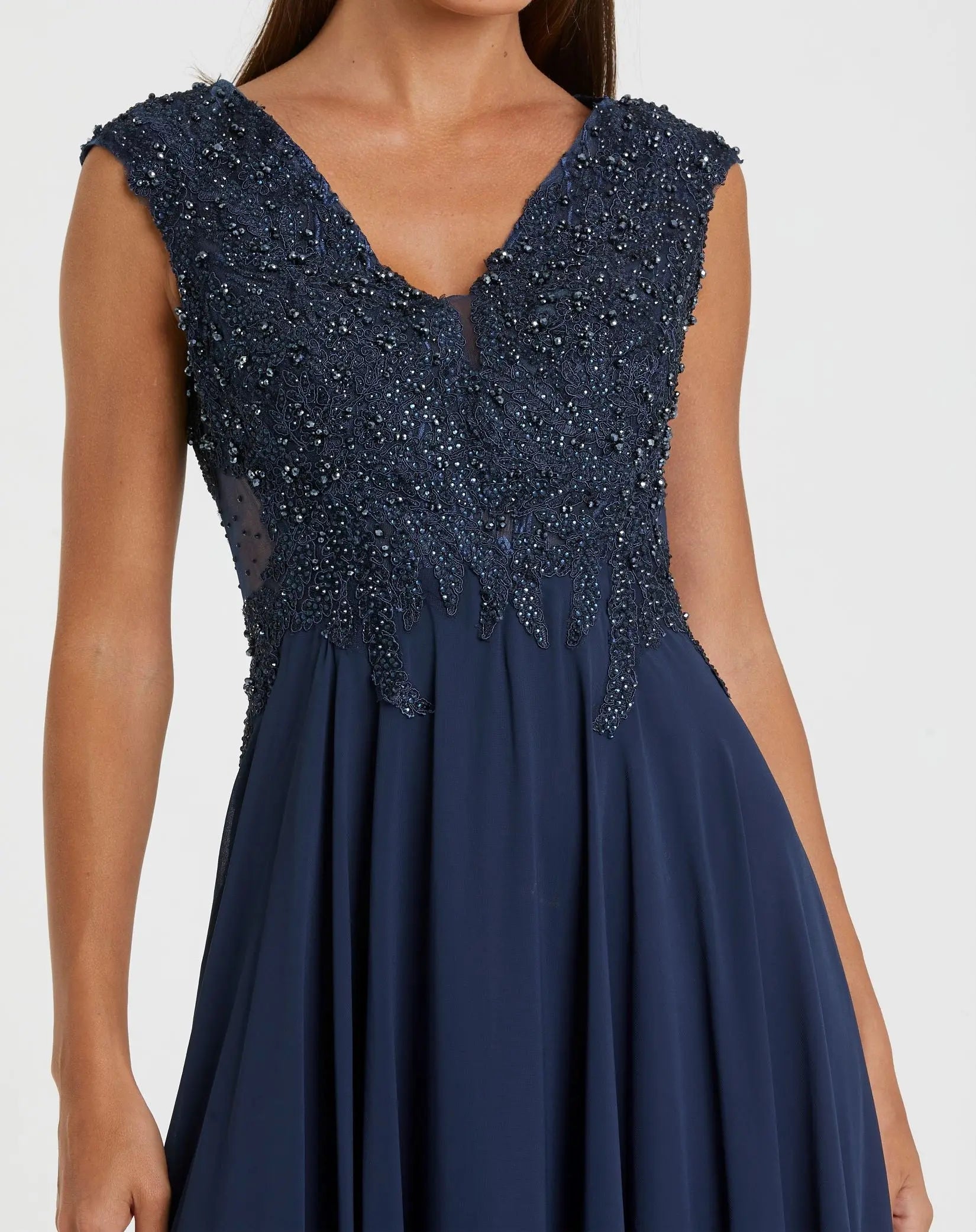Navy Cap Sleeve Applique Bodice Flowy Gown - Close Up
