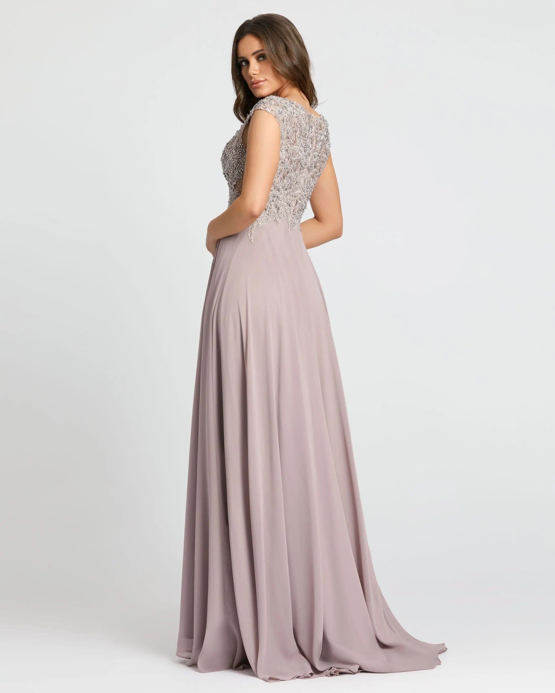 Light Purple Cap Sleeve Applique Bodice Flowy Gown - Back