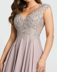 Light Purple Cap Sleeve Applique Bodice Flowy Gown - Close Up