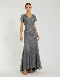 Mac Duggal Dark Grey Embellished V Neck Cap Sleeve Trumpet Gown #20282 