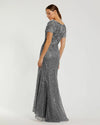 Embellished V Neck Cap Sleeve Trumpet Gown - Dark Grey
