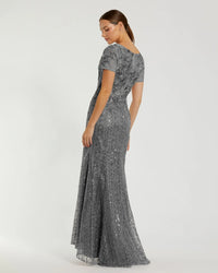 Embellished V Neck Cap Sleeve Trumpet Gown - Dark Grey