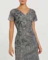 Embellished V Neck Cap Sleeve Trumpet Gown - Dark Grey