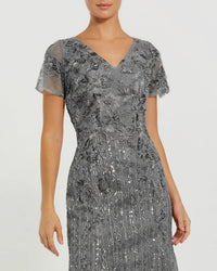 Embellished V Neck Cap Sleeve Trumpet Gown - Dark Grey