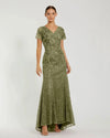 Mac Duggal Olive Embellished V Neck Cap Sleeve Trumpet Gown #20282
