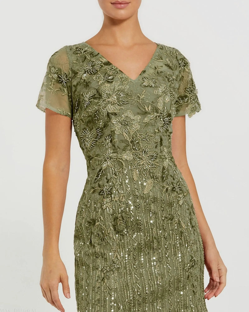 Embellished V Neck Cap Sleeve Trumpet Gown - Dark Grey