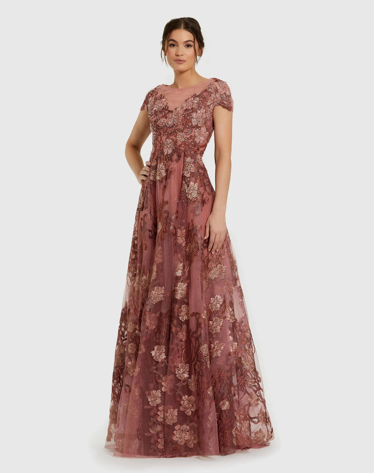 Mac Duggal #20294 cinnamon floral embroidered cap sleeve evening gown