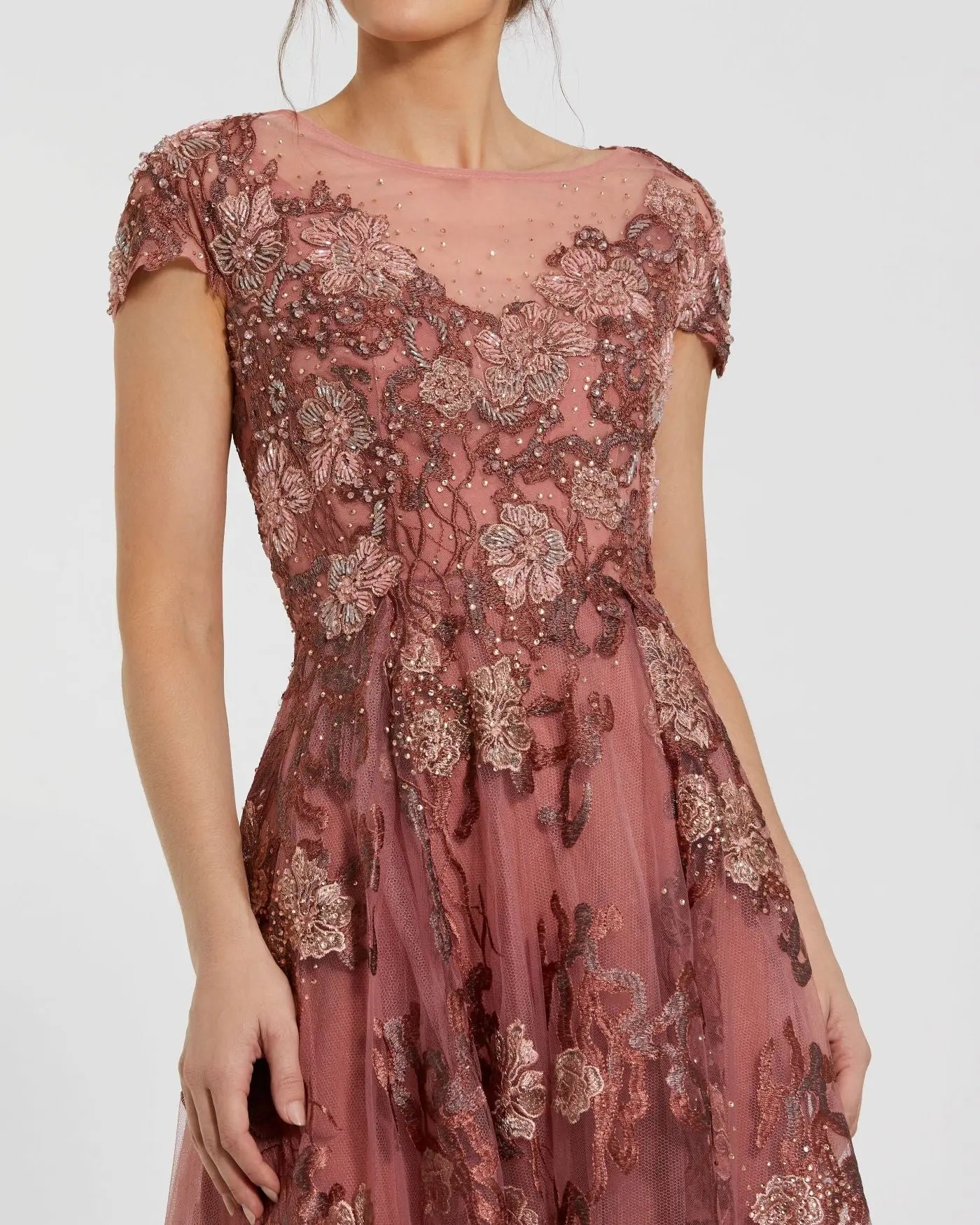Mac Duggal #20294 cinnamon floral embroidered cap sleeve evening gown