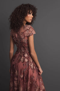 Mac Duggal #20294 cinnamon floral embroidered cap sleeve evening gown