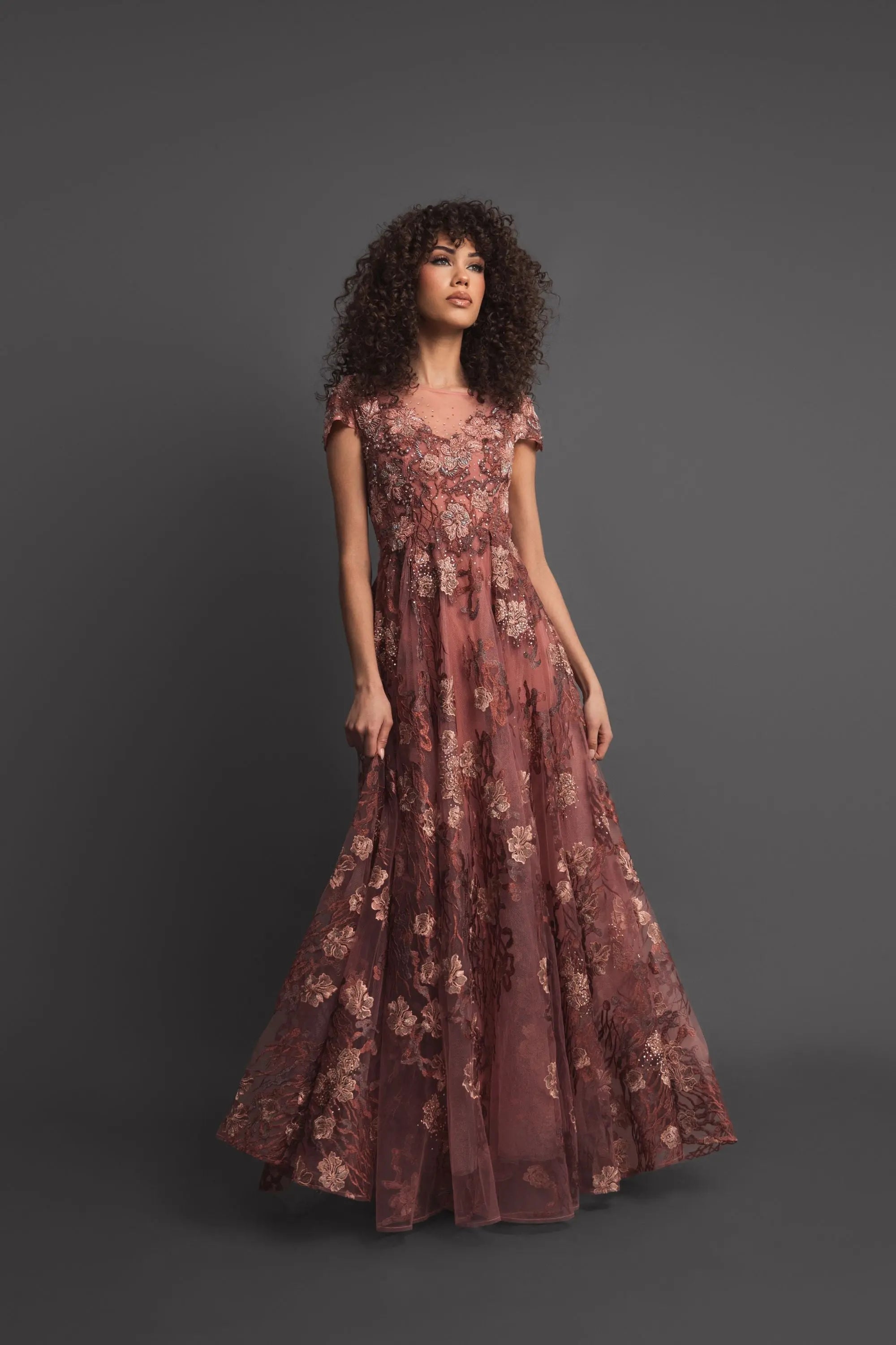 Mac Duggal #20294 cinnamon floral embroidered cap sleeve evening gown
