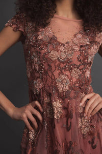 Mac Duggal #20294 cinnamon floral embroidered cap sleeve evening gown