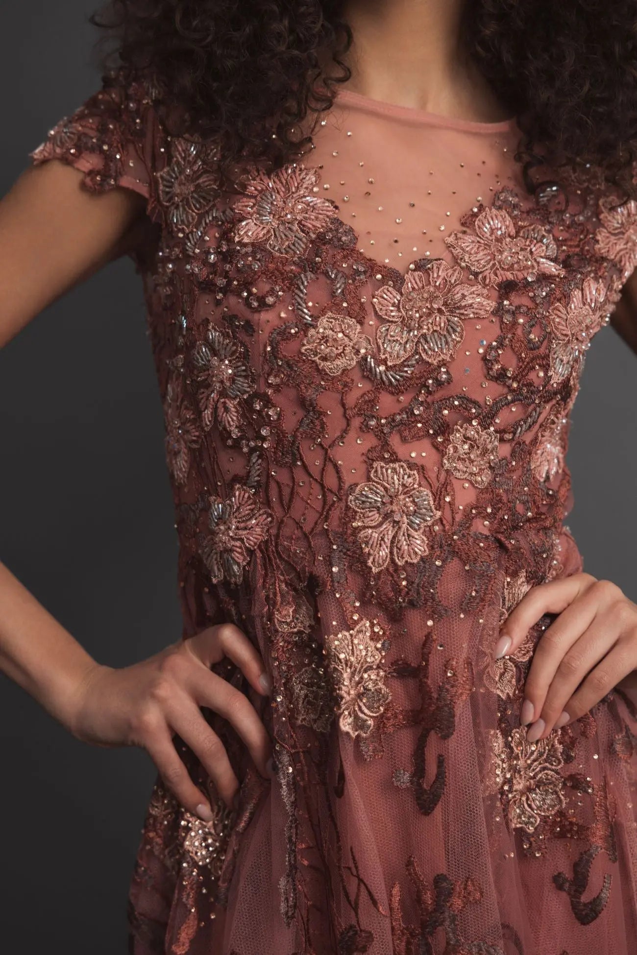 Mac Duggal #20294 cinnamon floral embroidered cap sleeve evening gown