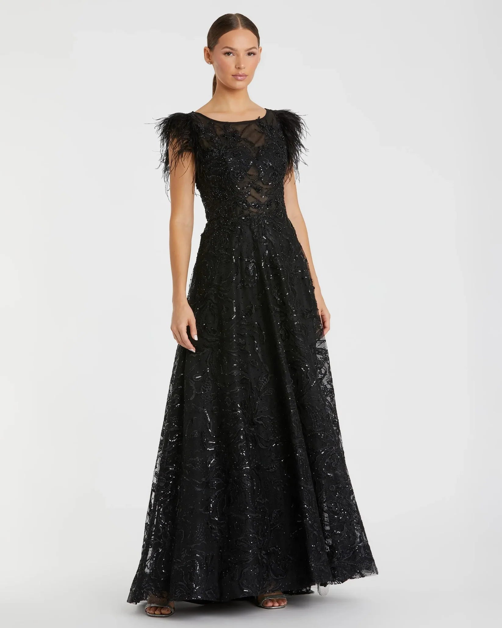 Mac Duggal #20296 Black Embellished Boat Neck A-Line Gown Feathers