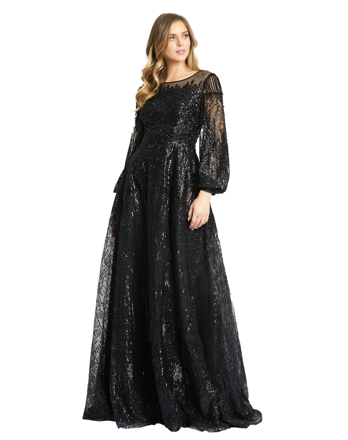 Jewel encrusted long sleeve A line modest gown - black