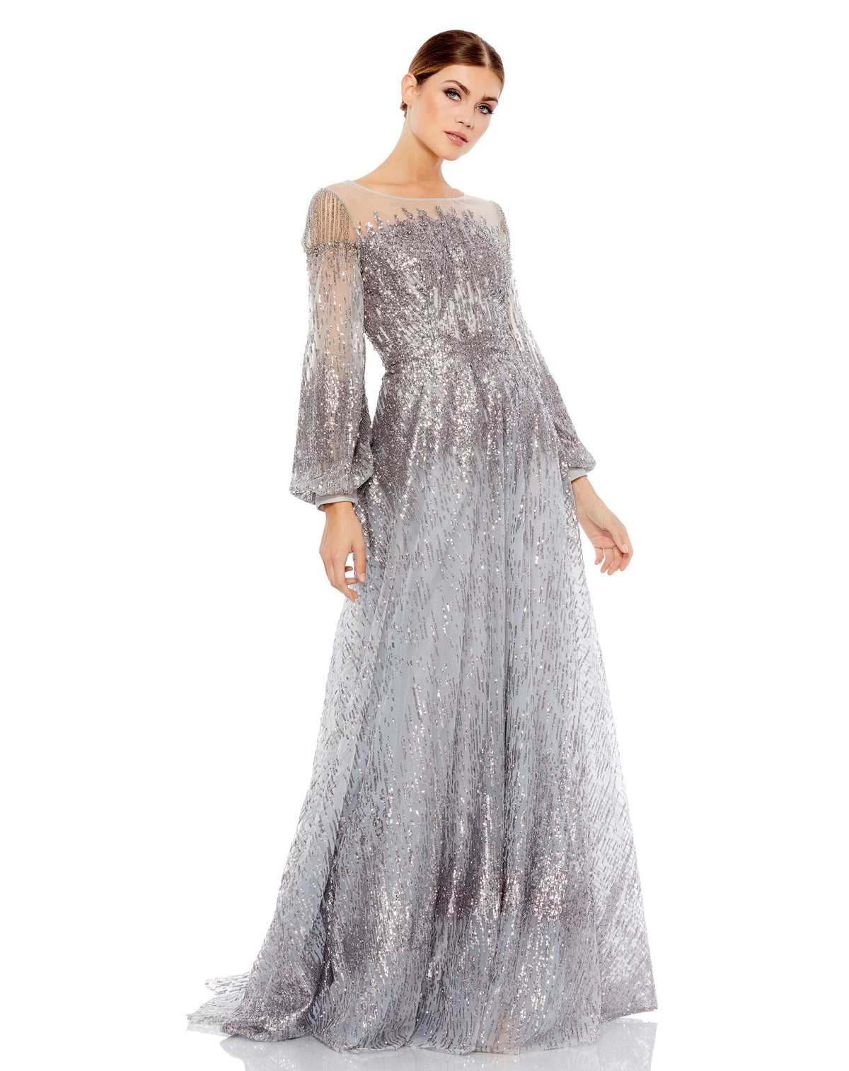 Jewel encrusted long sleeve A line modest gown - Platinum