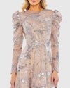 Embellished High Neck Puff Sleeve A-Line Modest Dress - Taupe