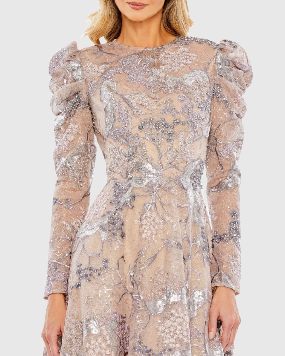 Embellished High Neck Puff Sleeve A-Line Modest Dress - Taupe
