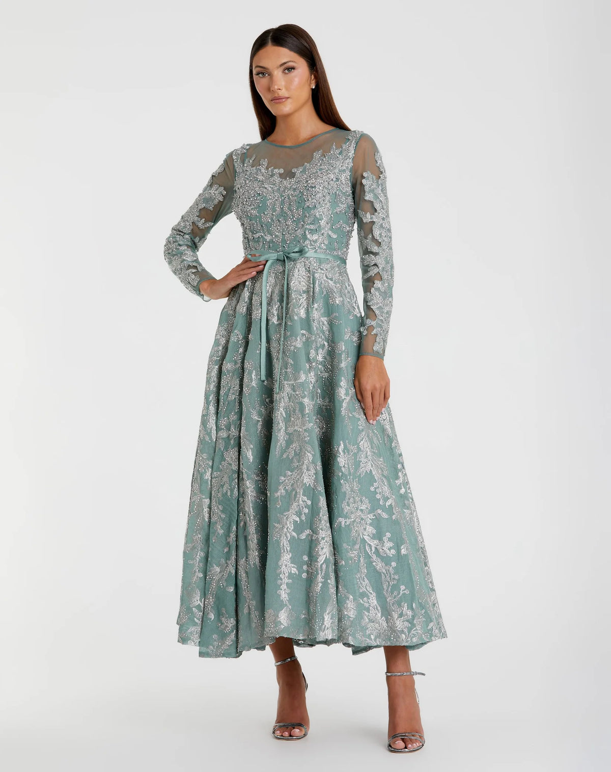 Mac Duggal Pink Embellished Bow Belt Illusion Long Sleeve A Line Dress  #20337 Jade Green