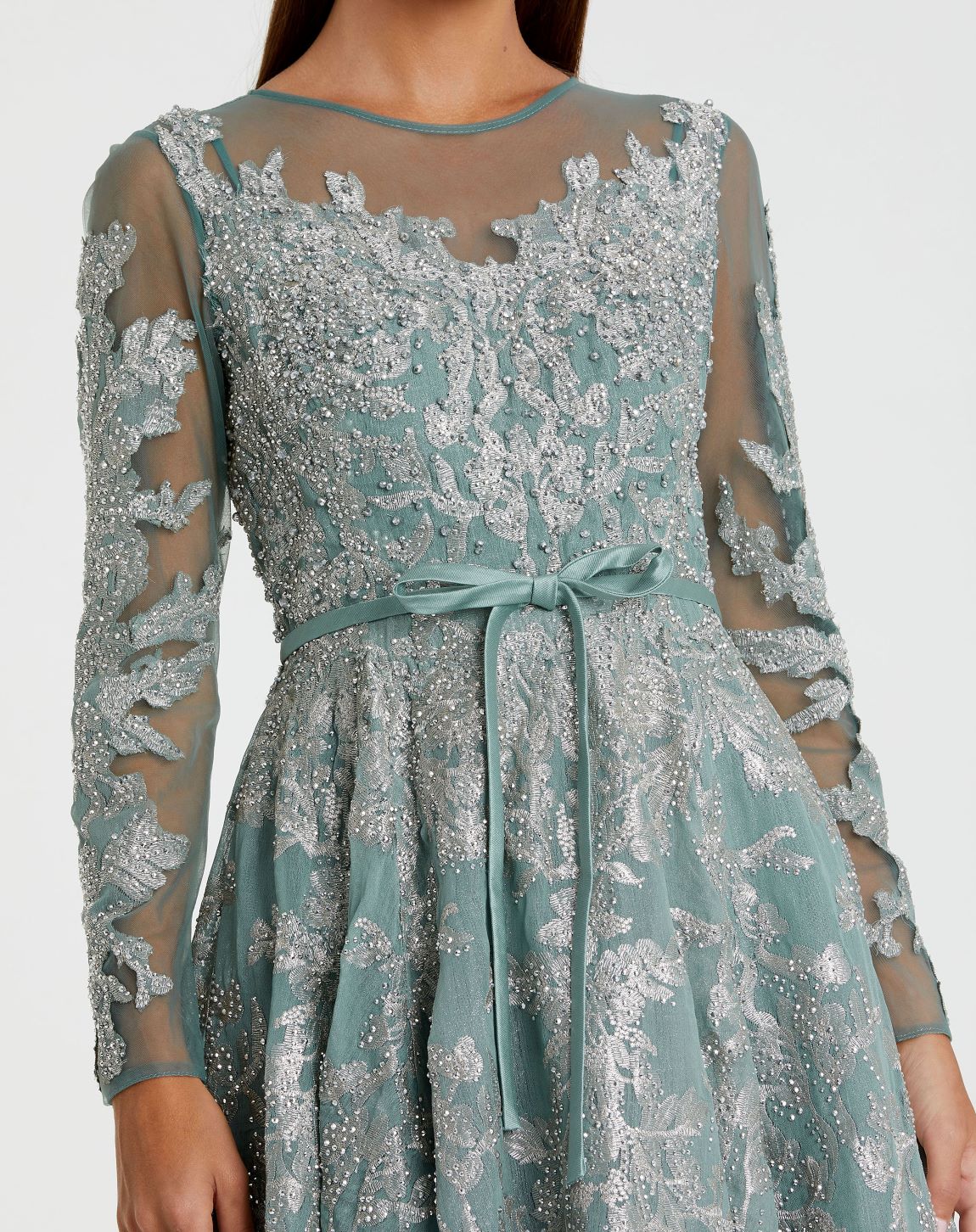 Embellished Bow Belt Illusion Long Sleeve A Line Dress - Jade