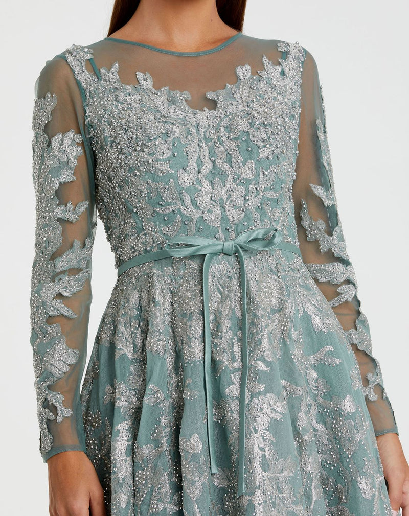 Embellished Bow Belt Illusion Long Sleeve A Line Dress - Jade