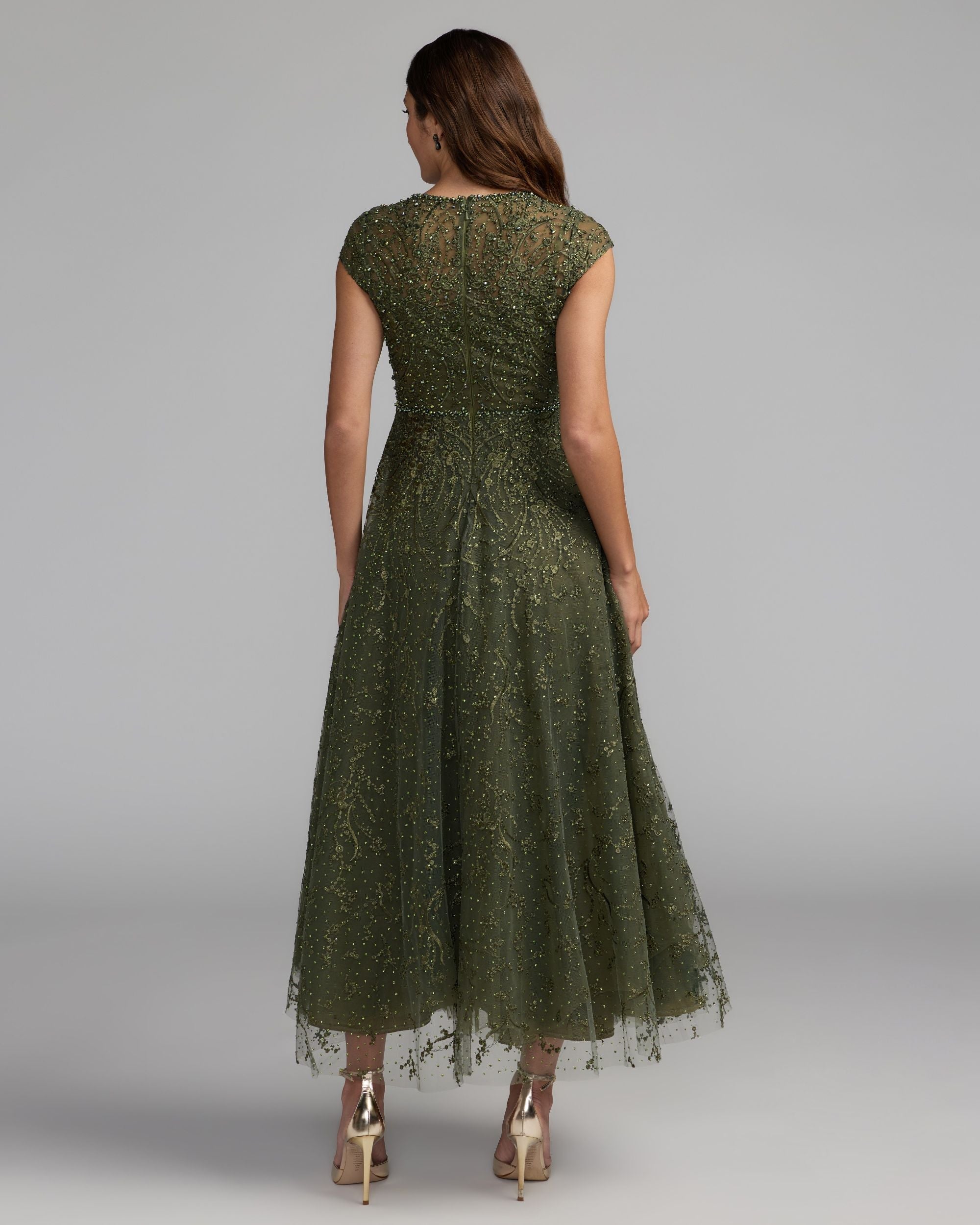 Mac Duggal #20338 olive embroidered tulle midi dress