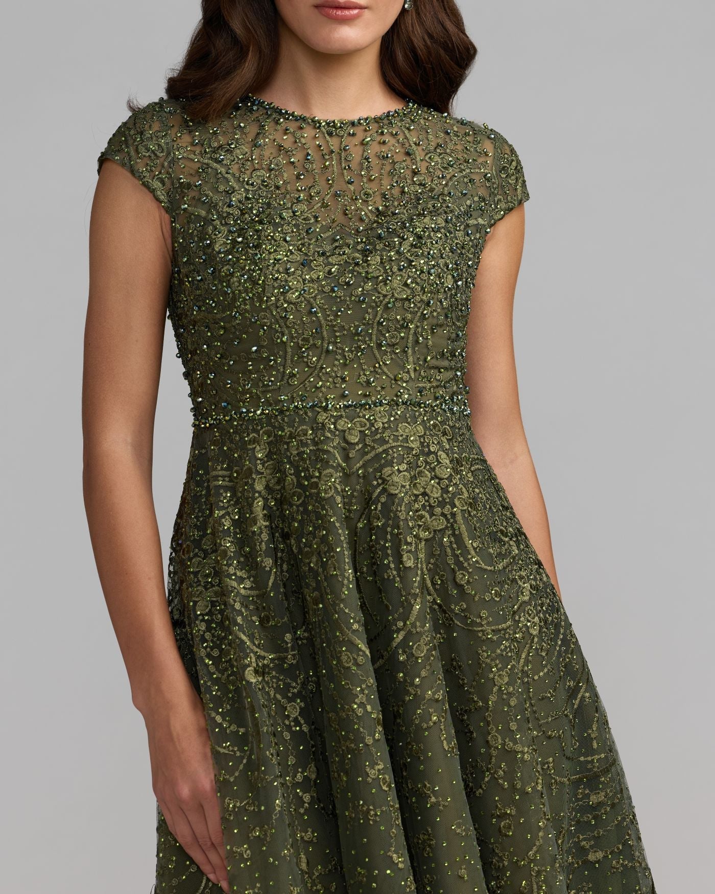 Mac Duggal #20338 olive embroidered tulle midi dress
