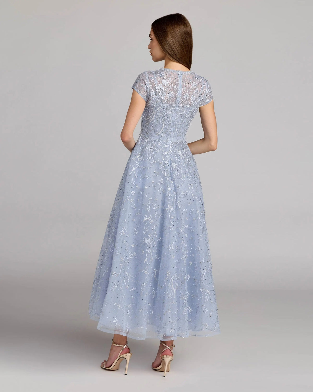Blue Embellished High Neck Cap Sleeve A Line Dress