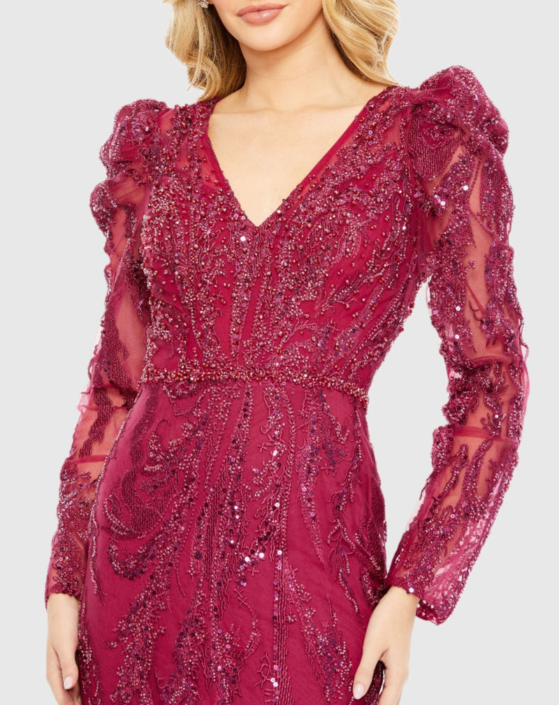 Embellished Puff Sleeve Gown - Mocha