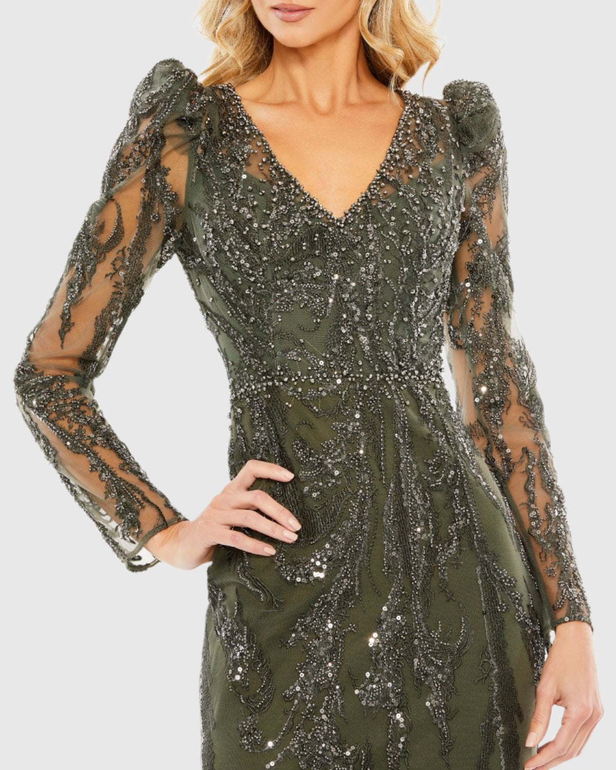 Long Sleeve V Neck Gown - Olive