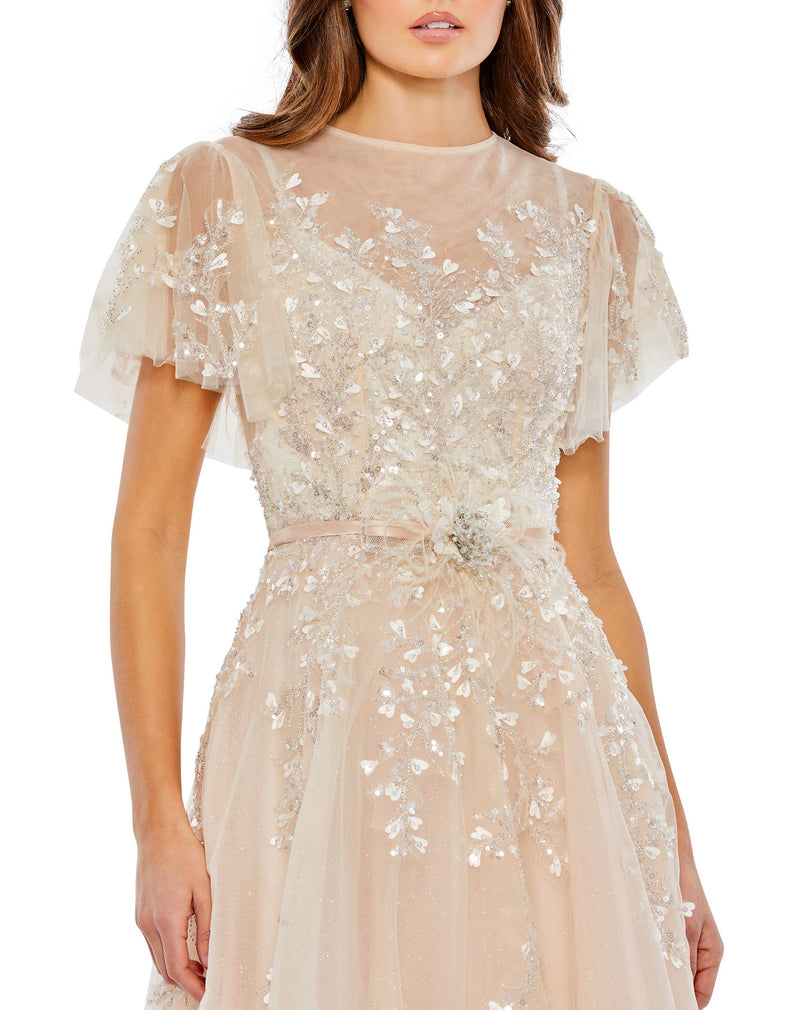 Embellished Flutter Sleeve Bow Modest Dress - Black