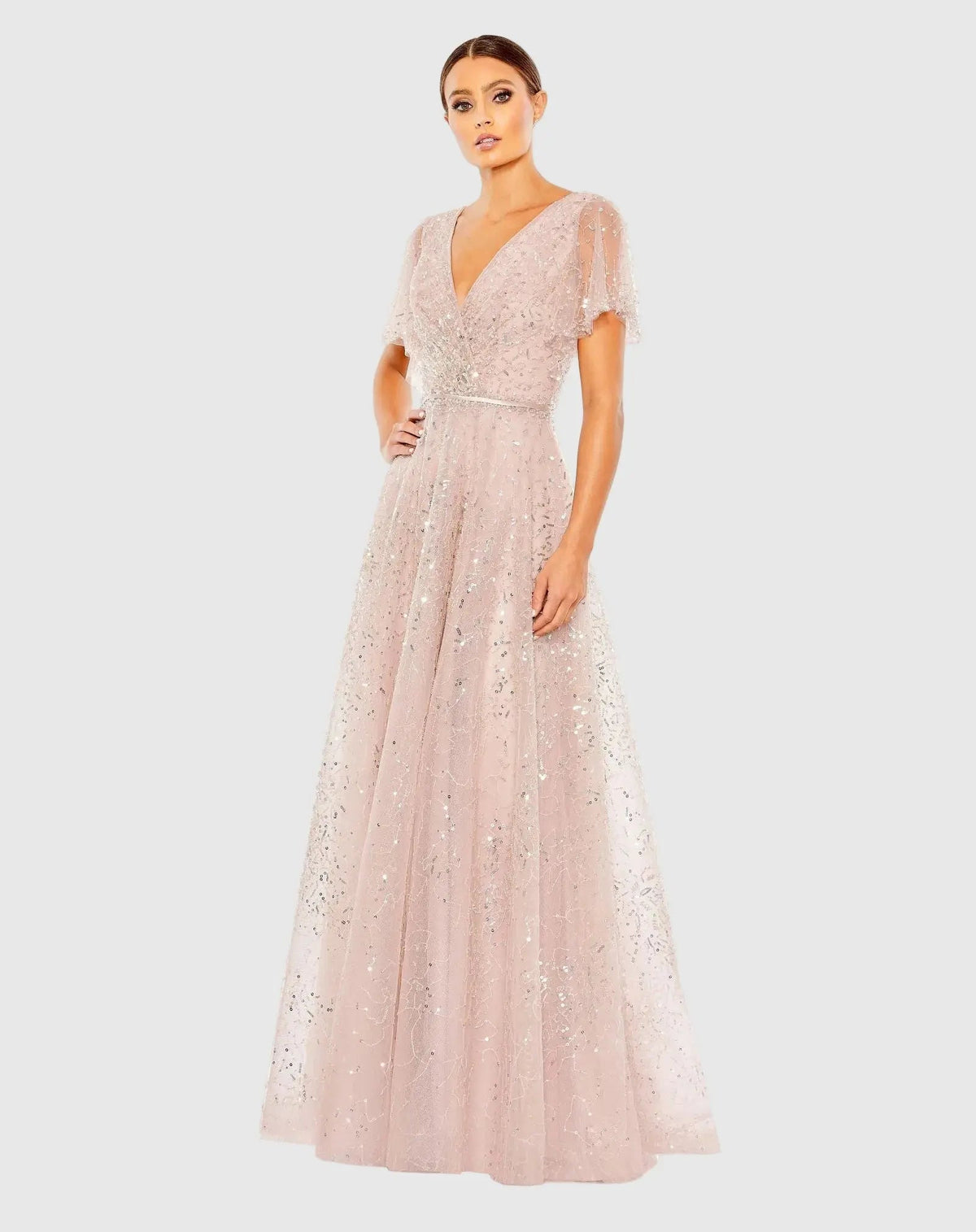 Mac Duggal 20363 Vintage Rose embellished butterfly sleeve wrap over gown - Front