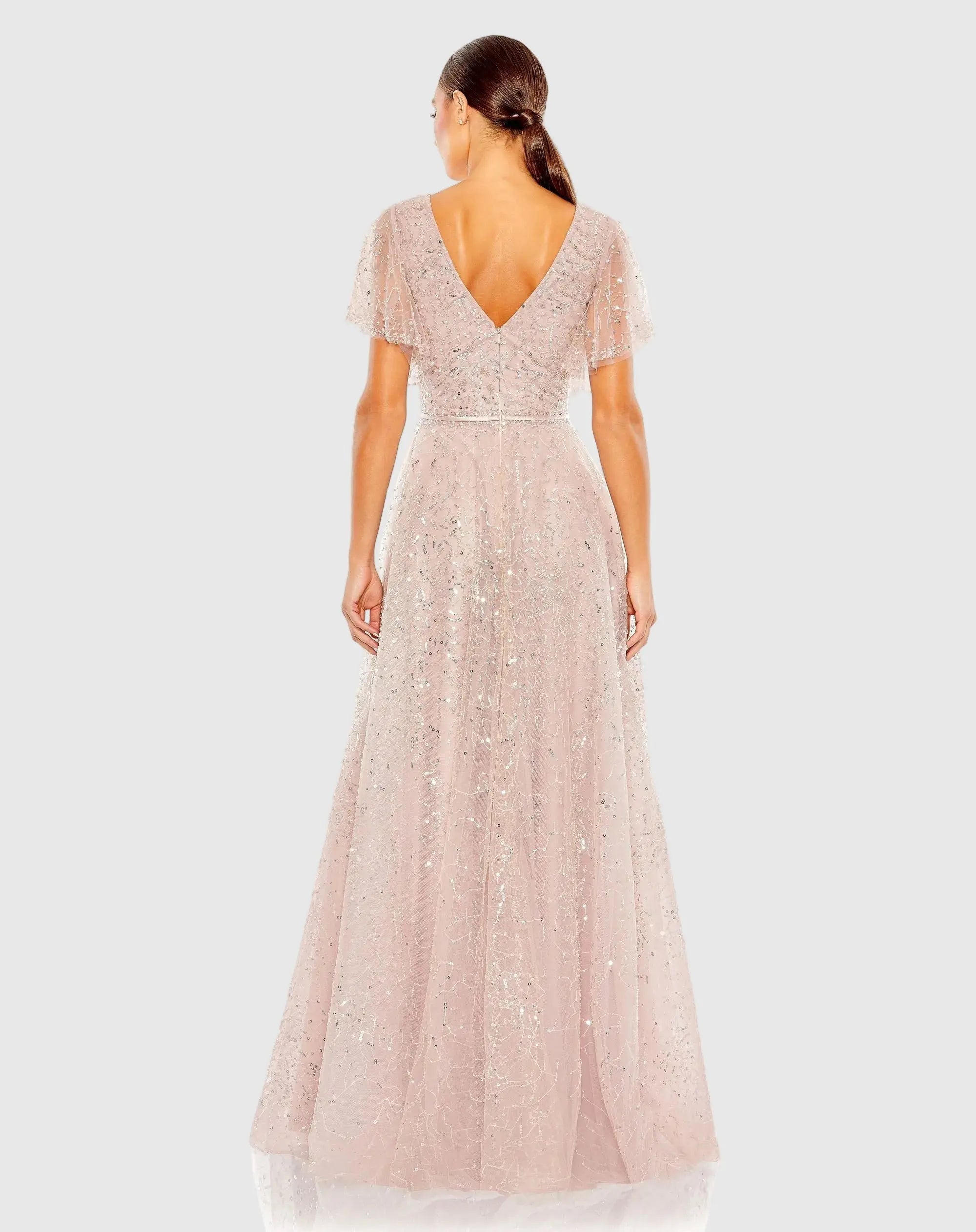 Mac Duggal 20363 Vintage Rose embellished butterfly sleeve wrap over gown - Back view