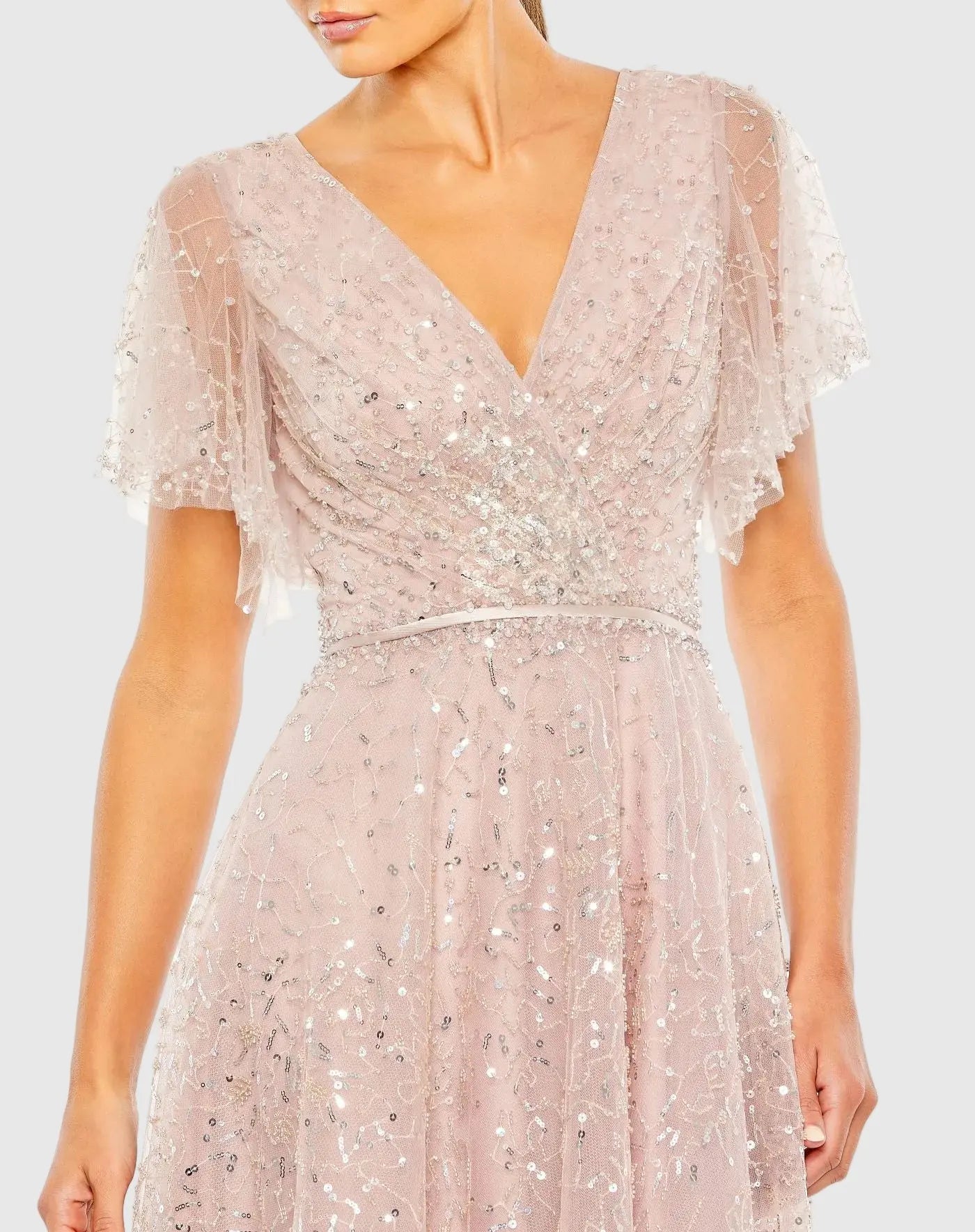 Mac Duggal 20363 Vintage Rose embellished butterfly sleeve wrap over gown - Close up detail