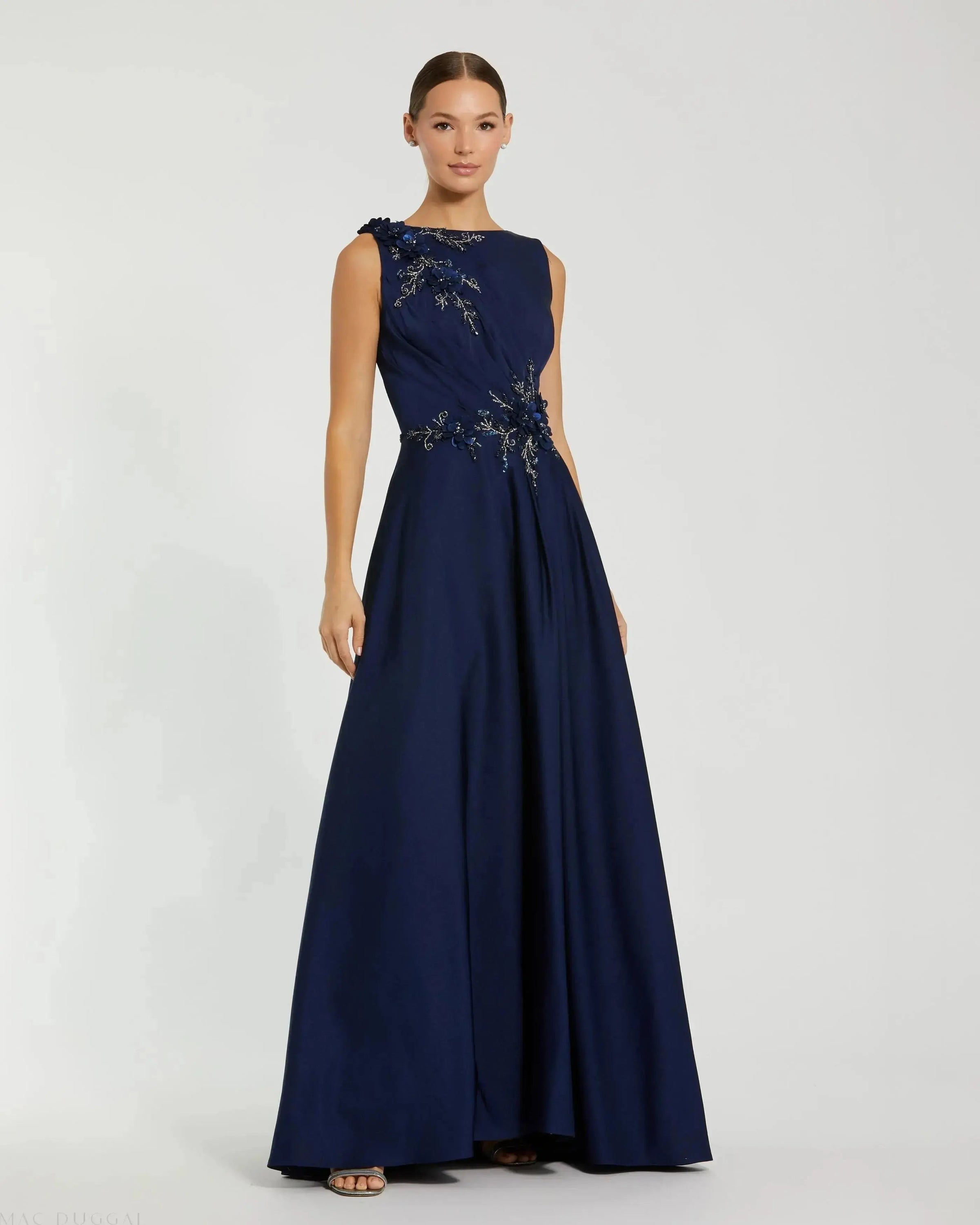 Mac Duggal #20365 Floral Applique Sleeveless A Line Gown Midnight