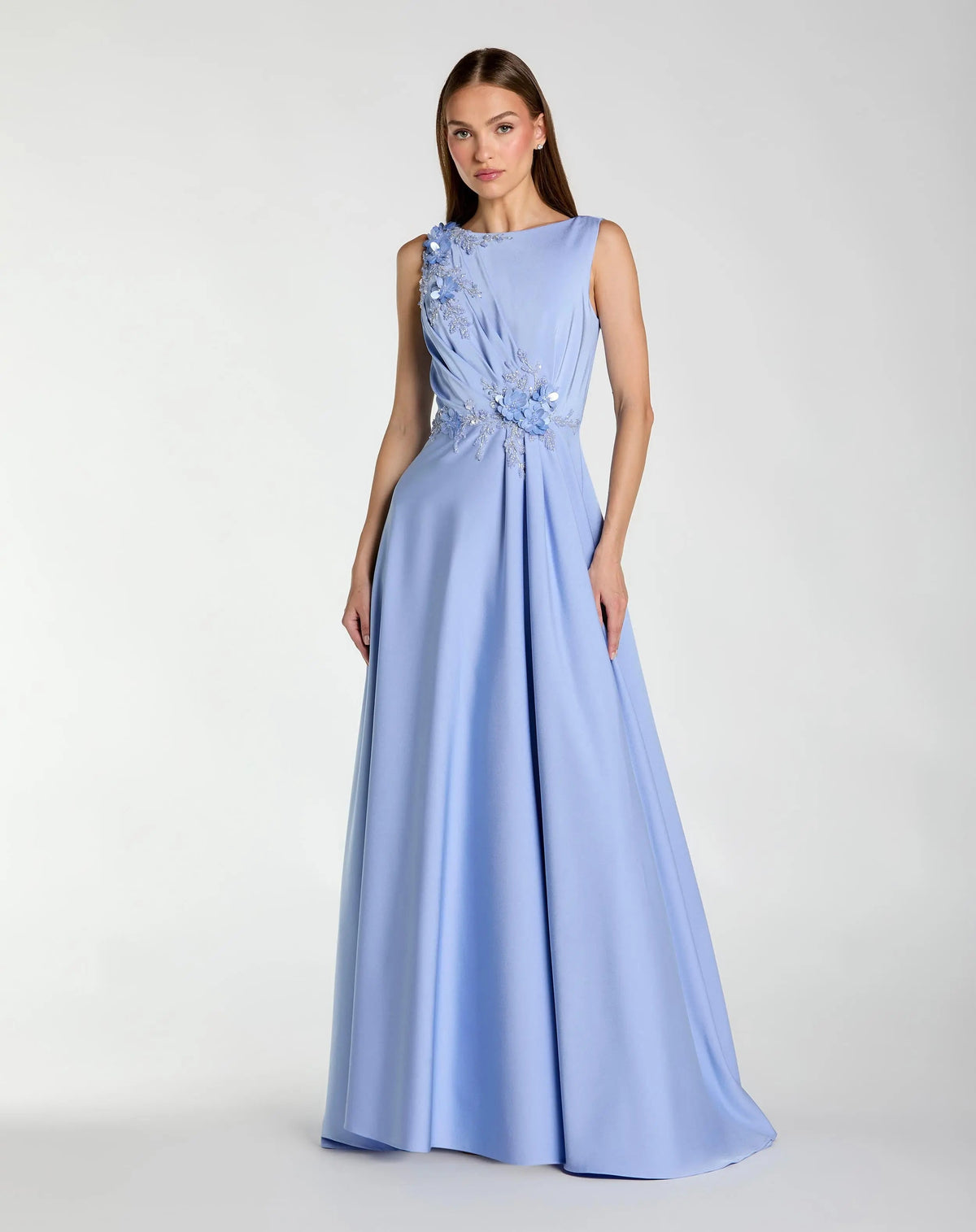 Mac Duggal #20365 Powder Blue Floral Applique Sleeveless A Line Gown