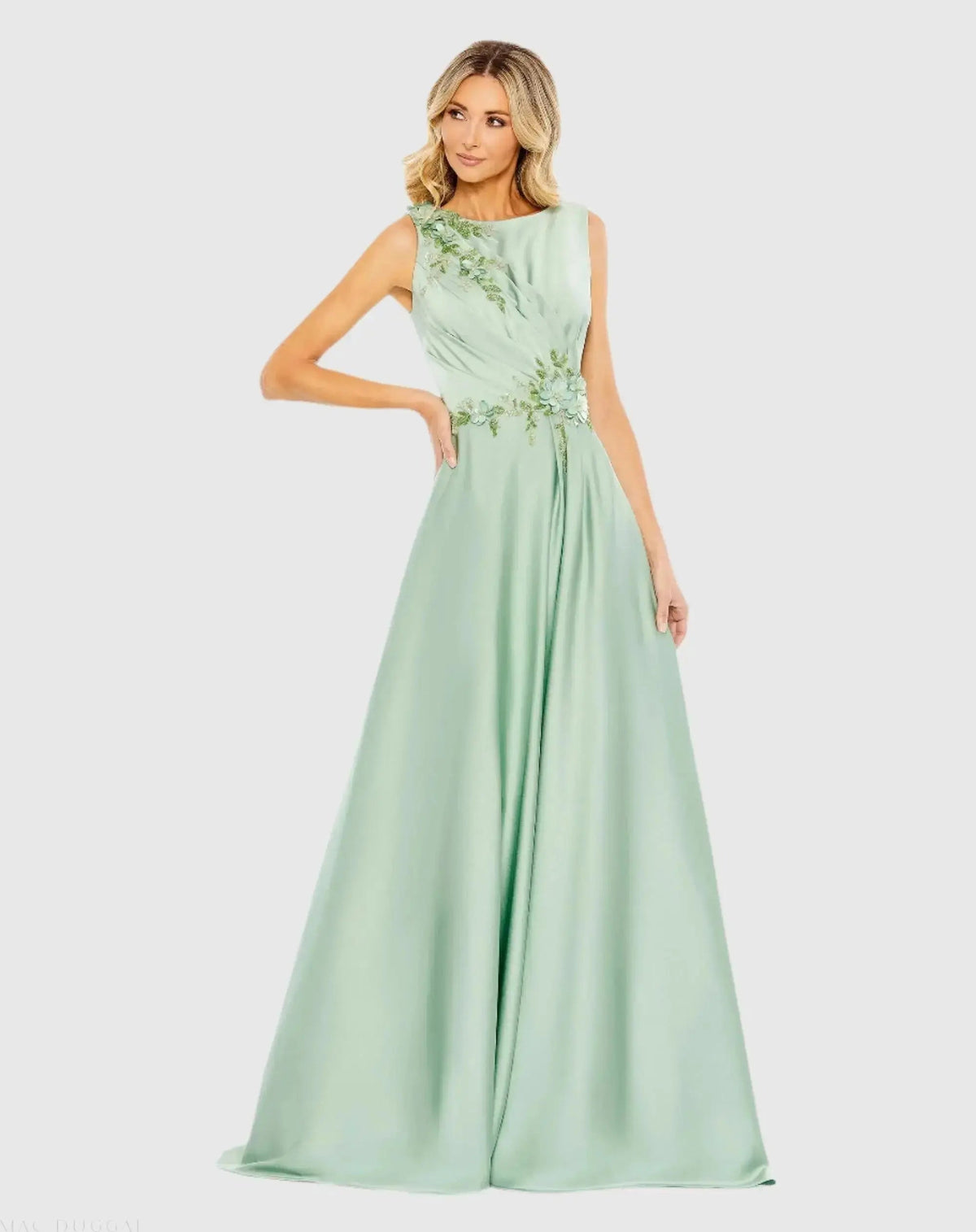 Mac Duggal #20365 Floral Applique Sleeveless A Line Gown Sage