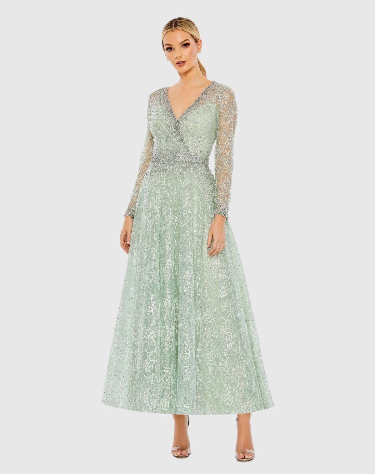Mac Duggal Beige Embellished Wrap Over Long Sleeve Midi Dress Sage Green #2036