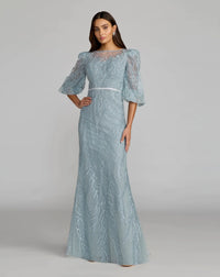 Embroidered Boat Neck Puff Sleeve Gown - Blue