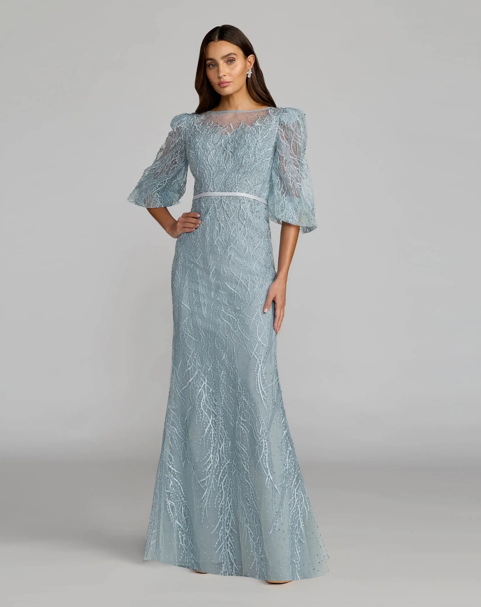 Embroidered Boat Neck Puff Sleeve Gown - Blue